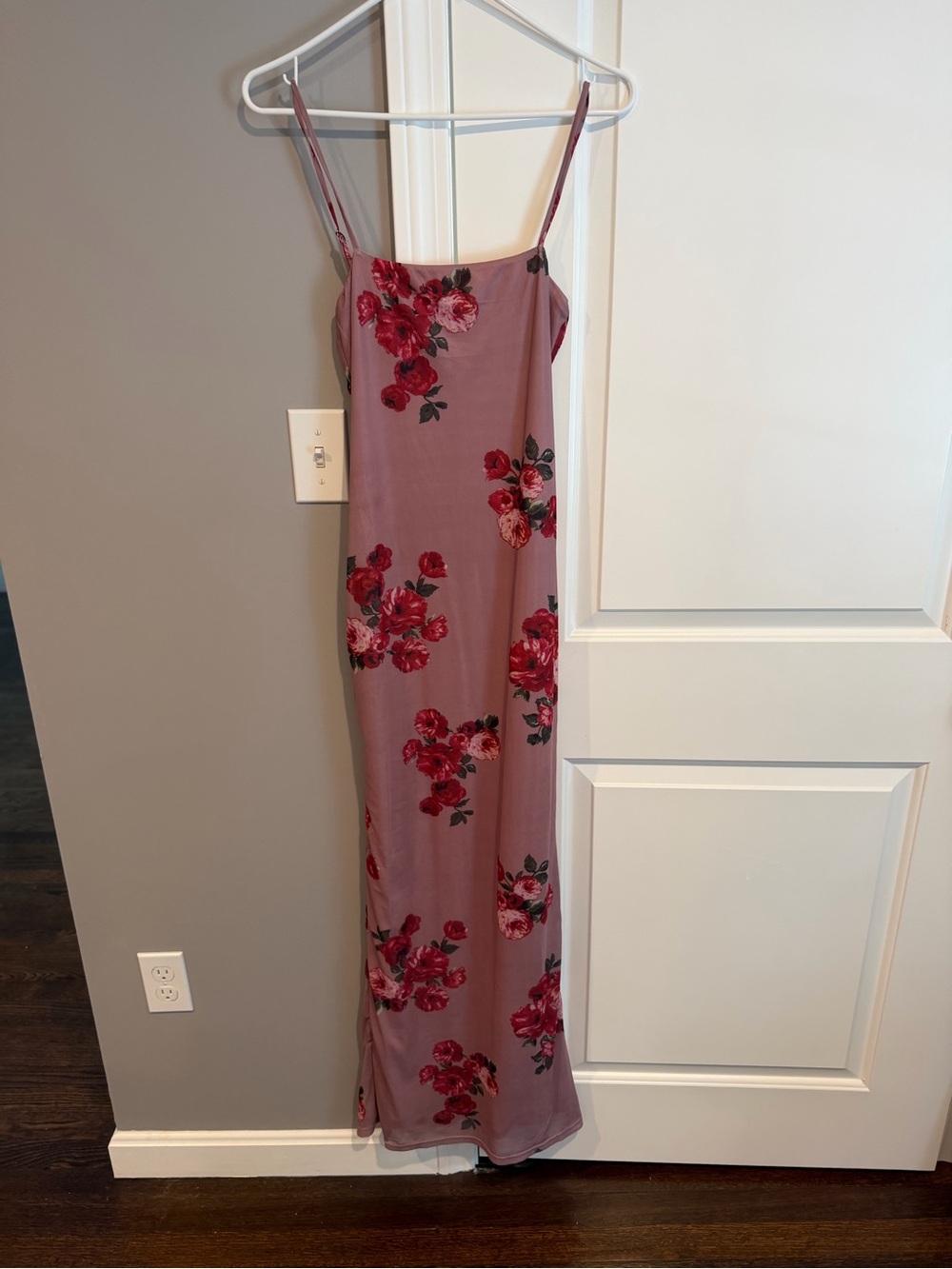 Mauve Floral Slip Maxi Dress with Red Rose Print